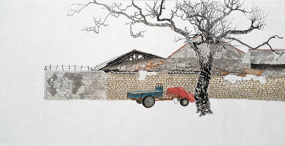 경운기가 있는 시골, 한지에 먹+채색,130x67cm-1000.jpg