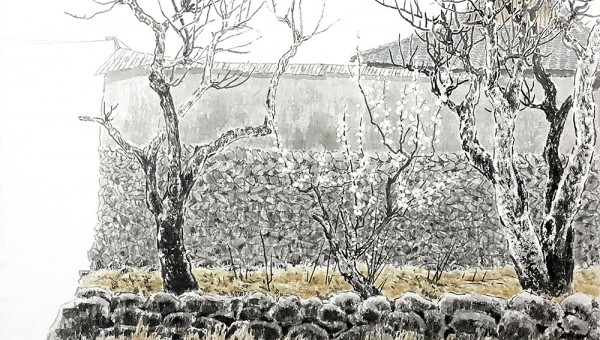 매화나무가 있는 시골, 한지에 먹+채색, 53x45.5cm-1000.jpg